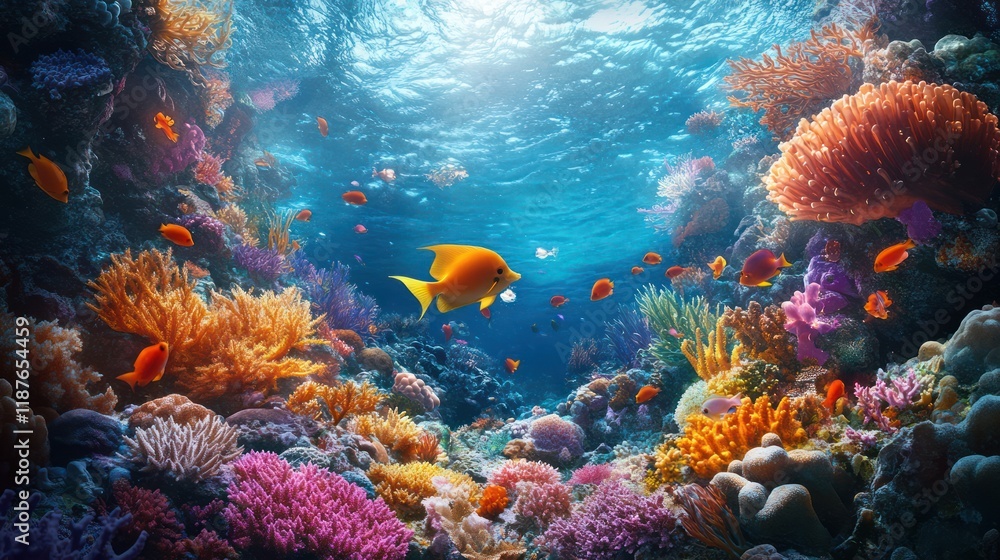 Fototapeta premium Vibrant coral reef teeming with colorful fish and diverse marine life under sunlit water.