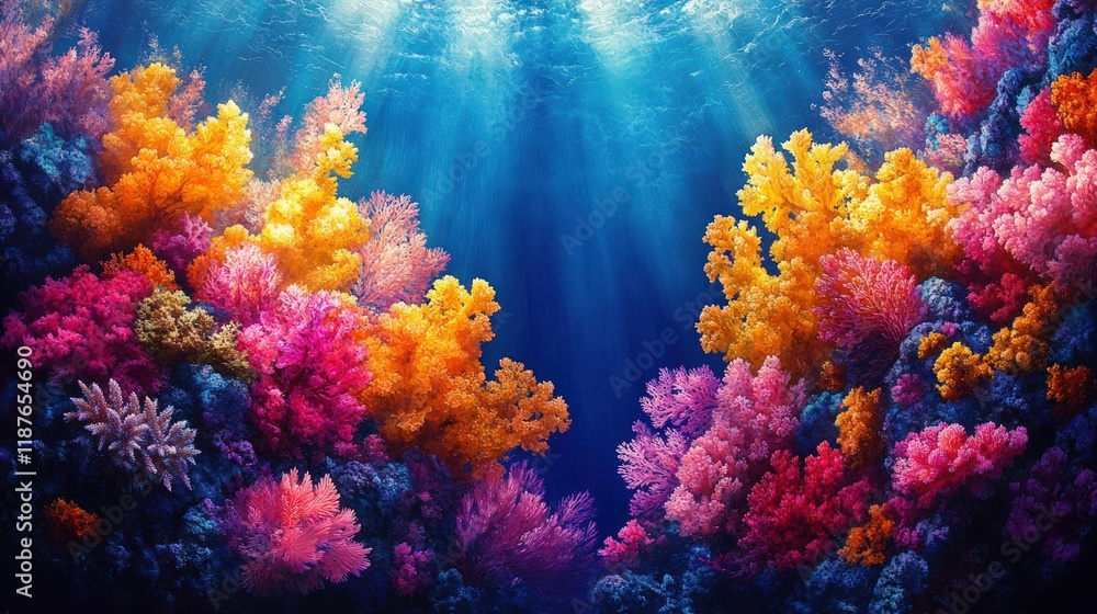 Naklejka premium Vibrant coral reef underwater scene with sunbeams. (1)