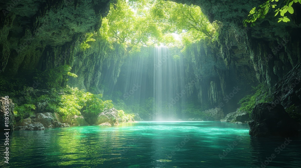 Tranquil sunlit cave with lush greenery and waterfall Tranquil sunlit cave with lush greenery and waterfall