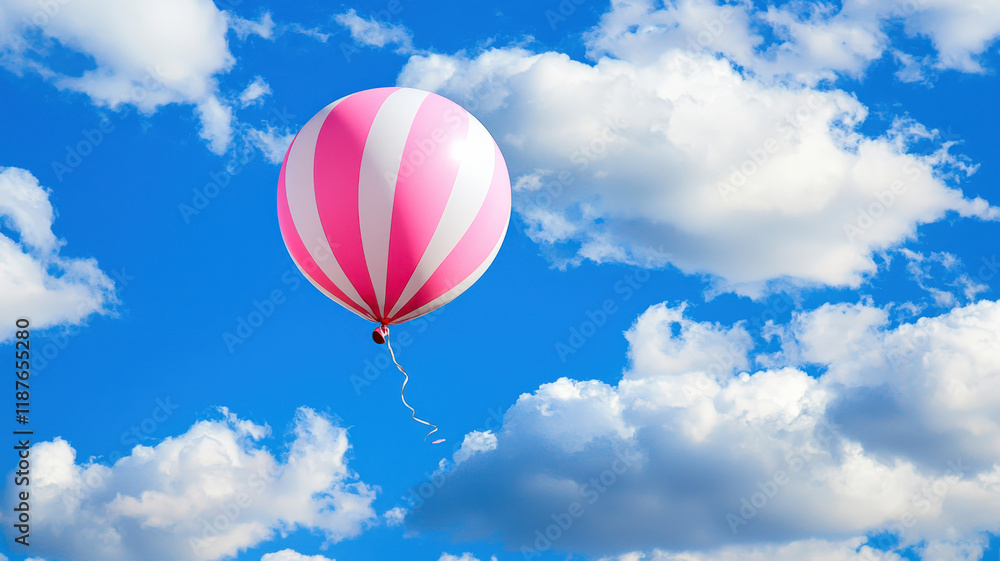 Obraz premium Dreamy Balloon in Cloudy Sky. Pink & white striped balloon floats against fluffy clouds. Romantic & whimsical. Carefree & lighthearted atmosphere
