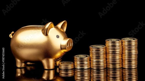 Golden piggy bank with stacks of coins on black background photo