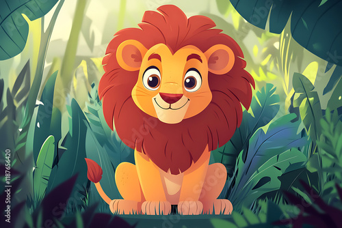 A cheerful, cartoonish lion sits amidst lush greenery, exuding a friendly vibe.