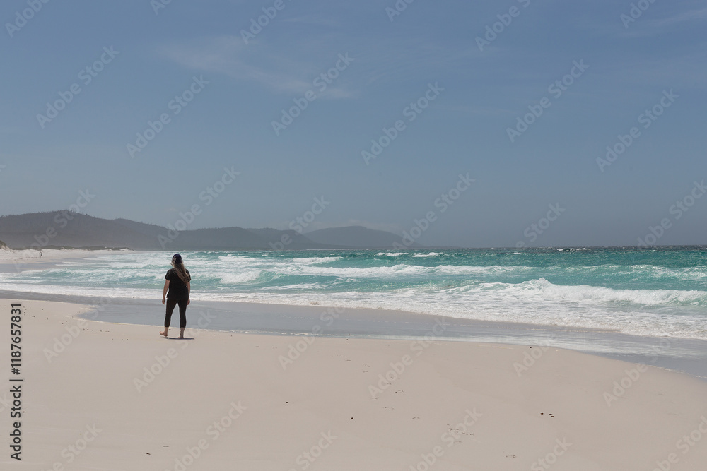 Outdoor view of Friendly Beaches with single female on the east coast of Tasmania Outdoor view of Friendly Beaches with single female on the east coast of Tasmania