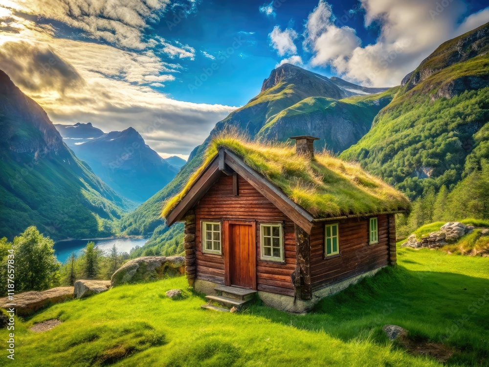 Norwegian Grass Roof Hut - Front View, Scenic Landscape Norwegian Grass Roof Hut - Front View, Scenic Landscape