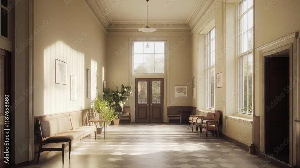 Fototapeta premium Spacious Waiting Room with Comfortable Seating and Neutral Lighting, Featuring an Organized Setting in a Wide Angle Shot, Ideal for Stock Imagery or Interior Design Projects