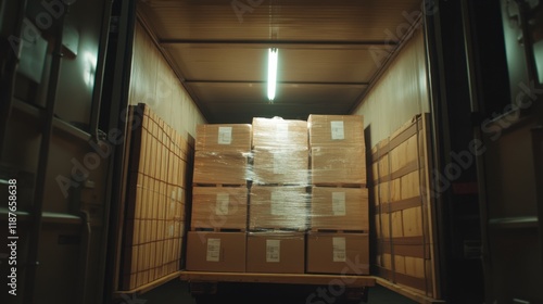 Spacious Industrial Interior Featuring Stacked Goods in Neutral Lighting with Focus on Tight Layout and Wide Shot Perspective