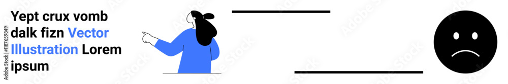 Fototapeta premium Businesswoman in blue directing attention to a sad face icon on white background with placeholder text. Ideal for presentations, corporate messaging, mental health awareness, online promotions