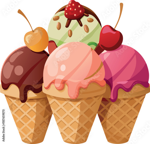 Delicious ice cream cones melting on a hot summer day