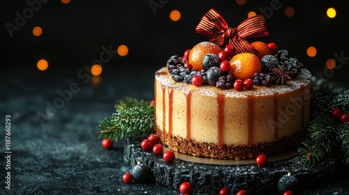 Festive Caramel Cheesecake, Christmas Lights, Dark Background, Holiday Dessert photo