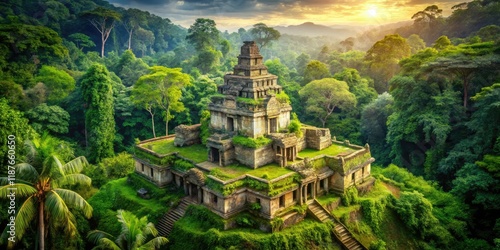 Overgrown Jungle Temple, Majestic Ruins, Lush Vegetation, Travel Photography, Ancient Architecture, Copy Space