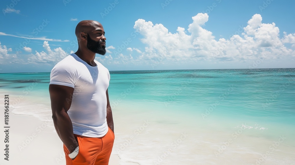 African male adult enjoying sunny beach day by the ocean African male adult enjoying sunny beach day by the ocean