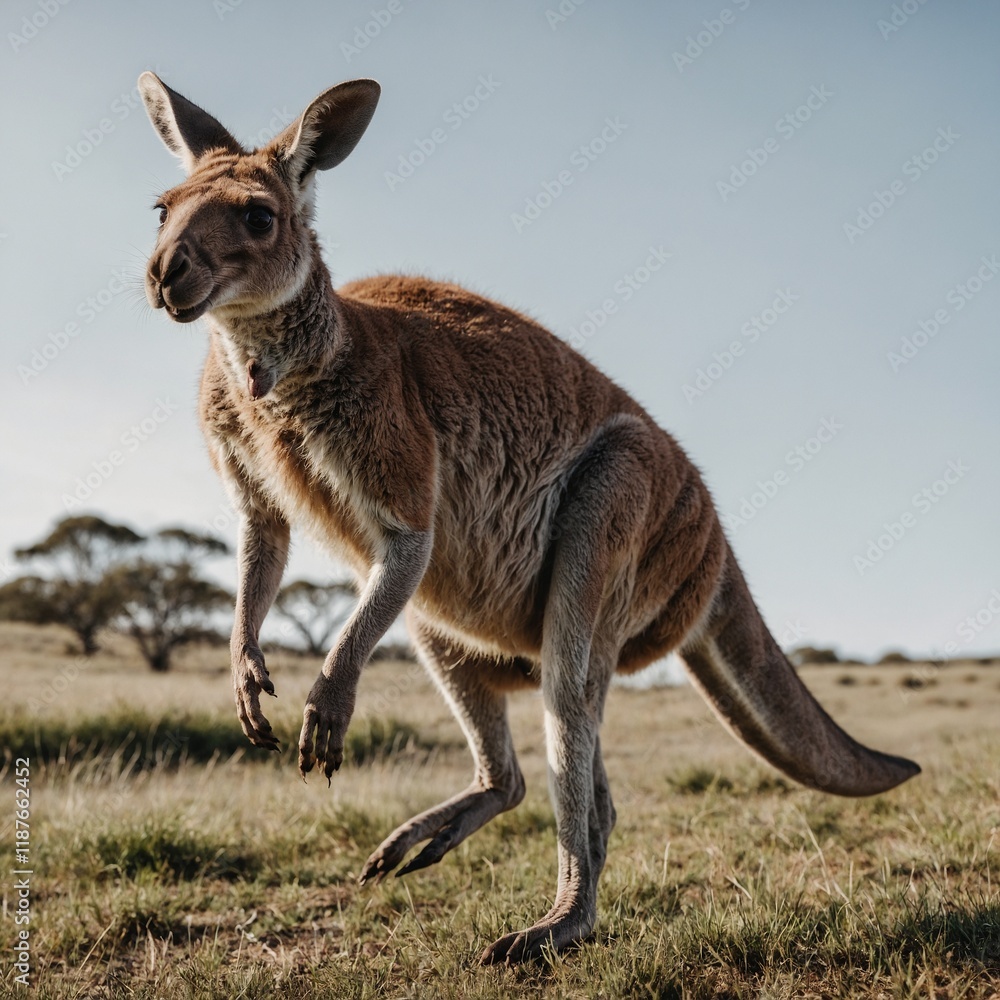A kangaroo hopping toward the viewer, with a clean white backdrop. A kangaroo hopping toward the viewer, with a clean white backdrop.