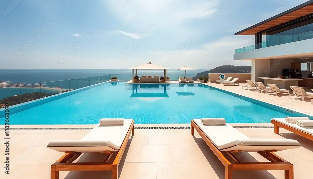 Modern Infinity Pool Overlooking Scenic Ocean View Modern Infinity Pool Overlooking Scenic Ocean View
