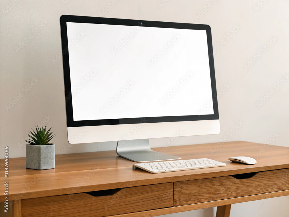 Desktop setup with monitor, keyboard, and potted plant, clean design Desktop setup with monitor, keyboard, and potted plant, clean design