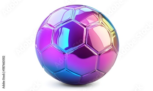Iridescent holographic soccer ball on white background.