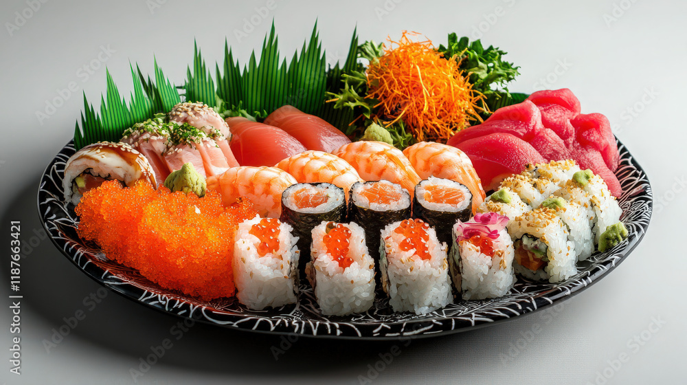 A Vibrant and Colorful Sushi Set with Fresh Fish, Premium Ingredients, and Traditional Accompaniments for the Ultimate Japanese Dining Experience A Vibrant and Colorful Sushi Set with Fresh Fish, Premium Ingredients, and Traditional Accompaniments for the Ultimate Japanese Dining Experience