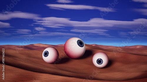 Desert Landscape Against Cloudy Sky With Floating Eyeballs
