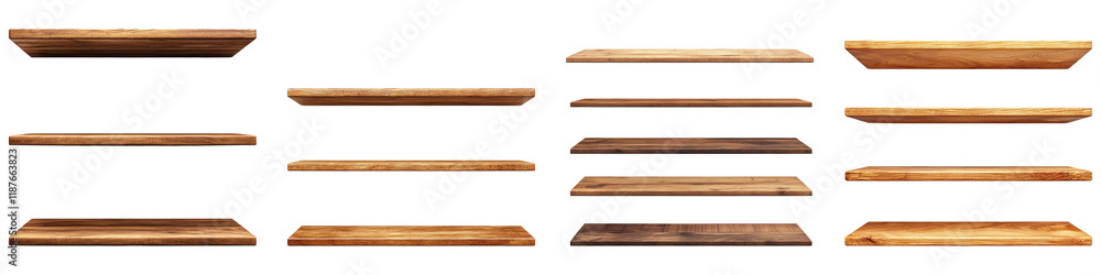 Wooden shelves isolated on transparent background, Set of Wooden shelves isolated on transparent background, Set of