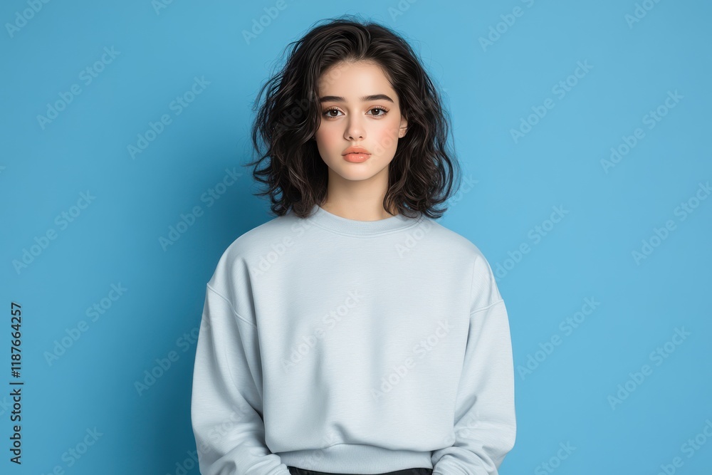 Blank White Oversized Crewneck Sweatshirt Mockup on Young Woman for Design Print Blank White Oversized Crewneck Sweatshirt Mockup on Young Woman for Design Print