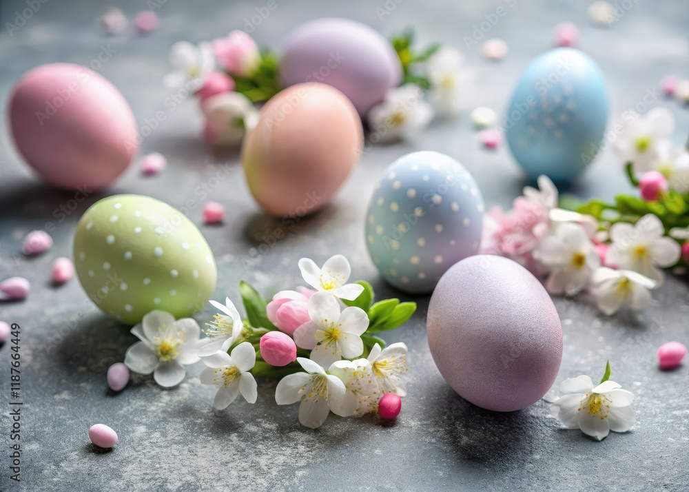 Obraz premium Pastel Easter Eggs, Spring Flowers, Concrete Macro