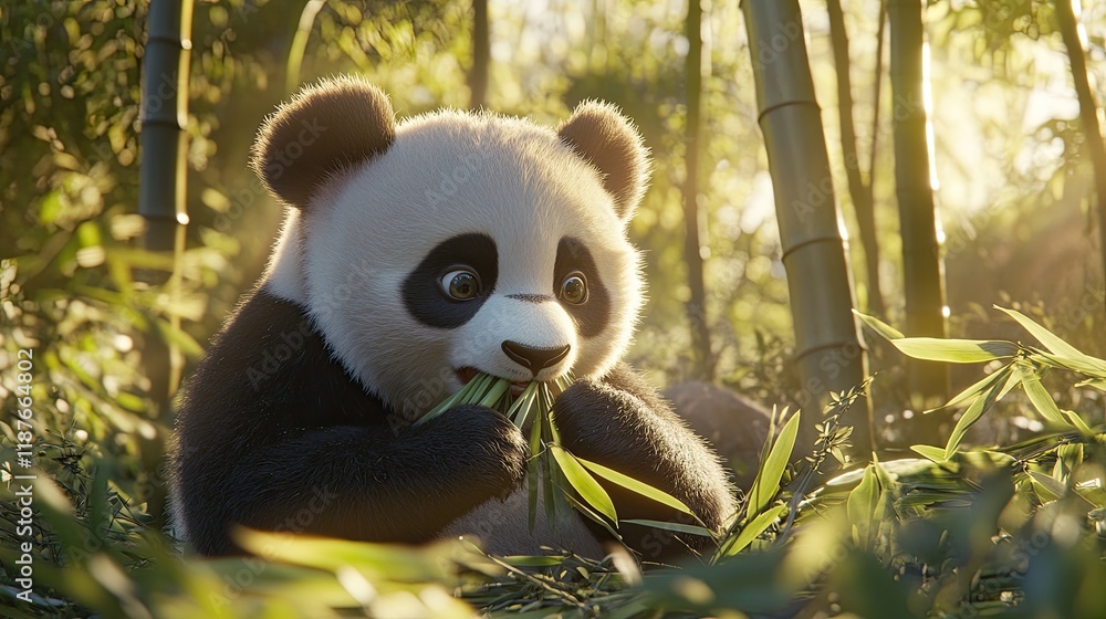 Adorable panda cub enjoying a meal of fresh bamboo shoots in a sun-drenched bamboo forest. Adorable panda cub enjoying a meal of fresh bamboo shoots in a sun-drenched bamboo forest.
