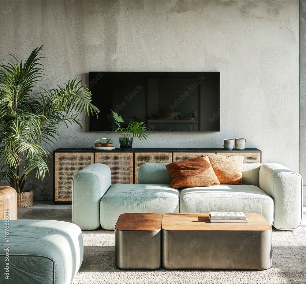 Generative AI, Minimalist modern living room with neutral tones, natural light, and subtle metallic details