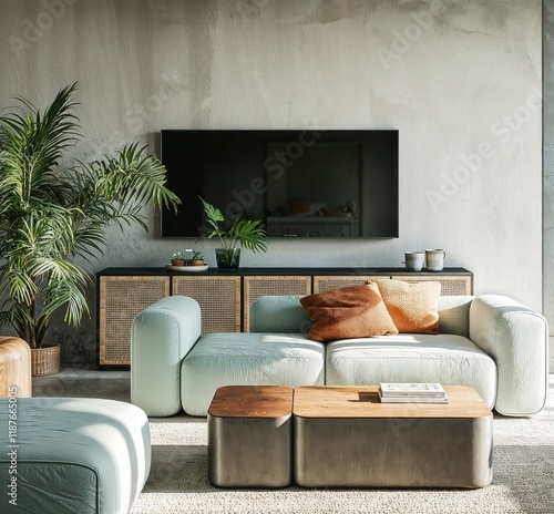 Obraz na płótnie Generative AI, Minimalist modern living room with neutral tones, natural light, and subtle metallic details w salonie