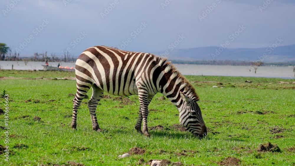 Zebras grazing grass along the banks of Lake Naivasha at Crescent Island Game Sanctuary, Kenya. 4k Slow-Motion Video. Zebras grazing grass along the banks of Lake Naivasha at Crescent Island Game Sanctuary, Kenya. 4k Slow-Motion Video.