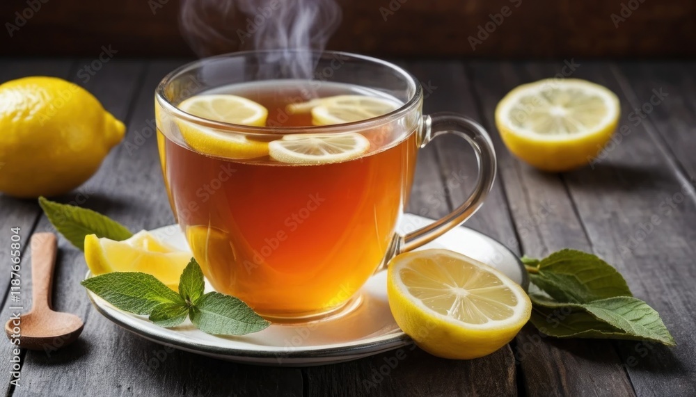 Steaming mug of herbal tea with a lemon slice and soft steam
Steaming mug of herbal tea with a lemon slice and soft steam
