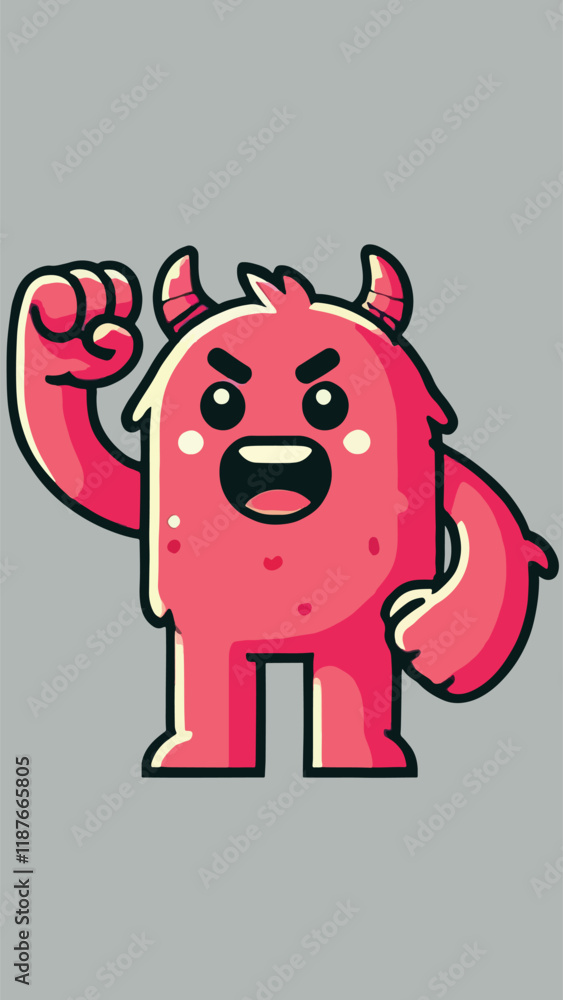 A horned monster mascot with his fist raised upwards A horned monster mascot with his fist raised upwards