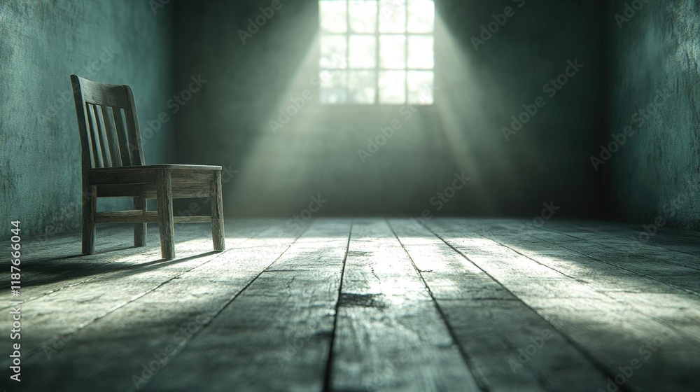A solitary wooden chair in a dark, empty room illuminated by a single window, creating a sense of desolation and mystery. A solitary wooden chair in a dark, empty room illuminated by a single window, creating a sense of desolation and mystery.