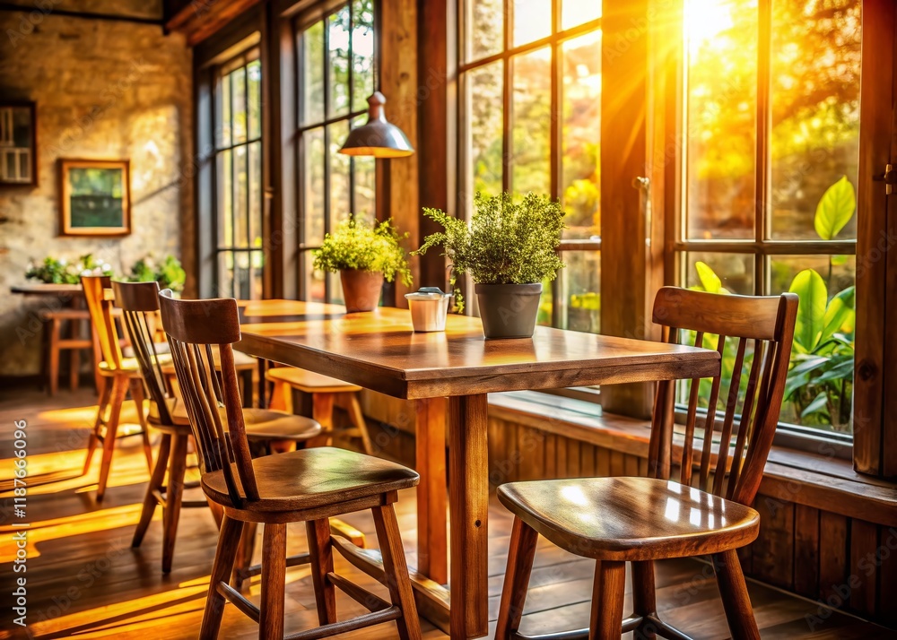 Cozy Cafe Interior: Empty Wooden Table and Chairs, Ready for Guests Cozy Cafe Interior: Empty Wooden Table and Chairs, Ready for Guests