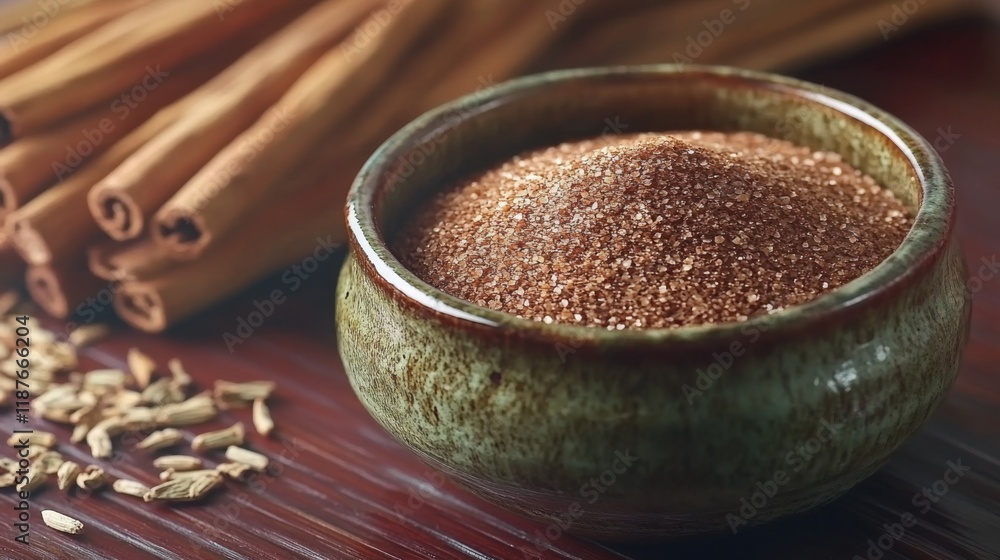 Warm and Inviting Small Ceramic Bowl Filled with Ground Cinnamon Surrounded by Cinnamon Sticks and Rustic Elements Under Soft Ambient Light Warm and Inviting Small Ceramic Bowl Filled with Ground Cinnamon Surrounded by Cinnamon Sticks and Rustic Elements Under Soft Ambient Light
