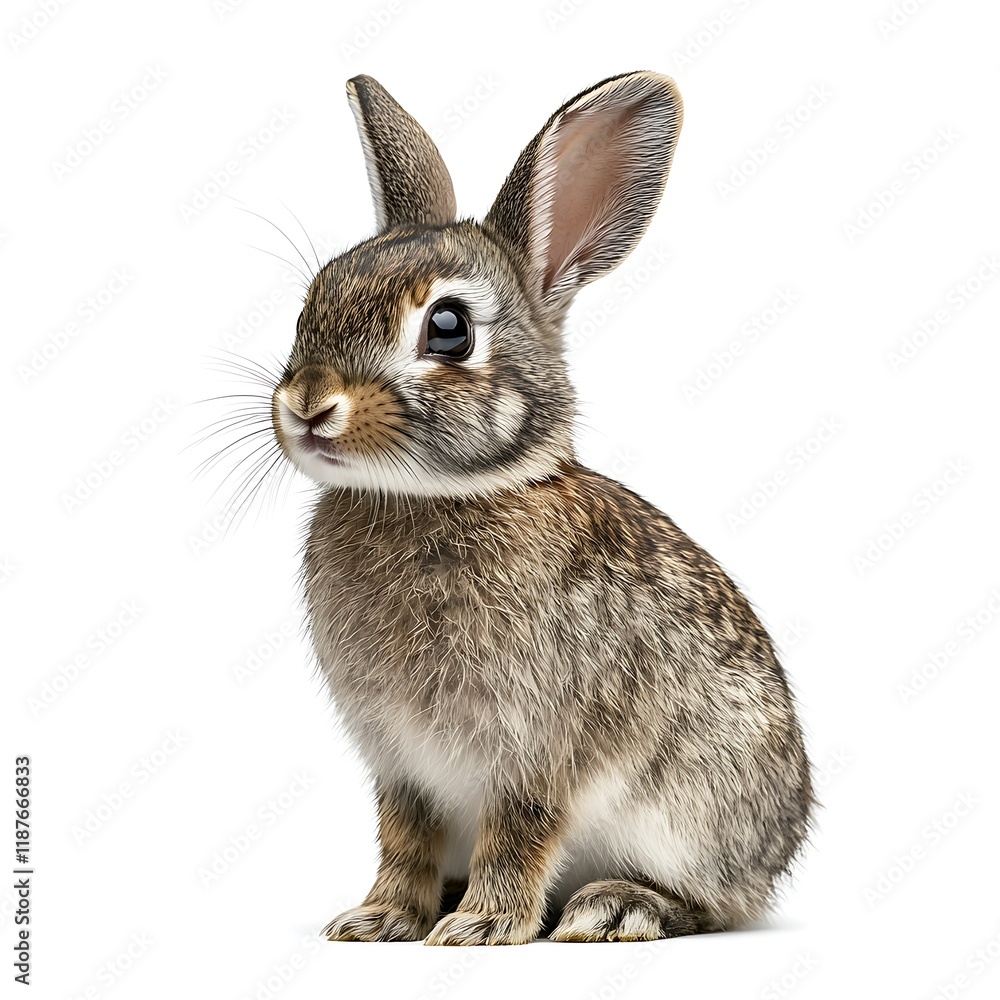 Fototapeta premium Adorable brown rabbit sitting, white background, pet, Easter