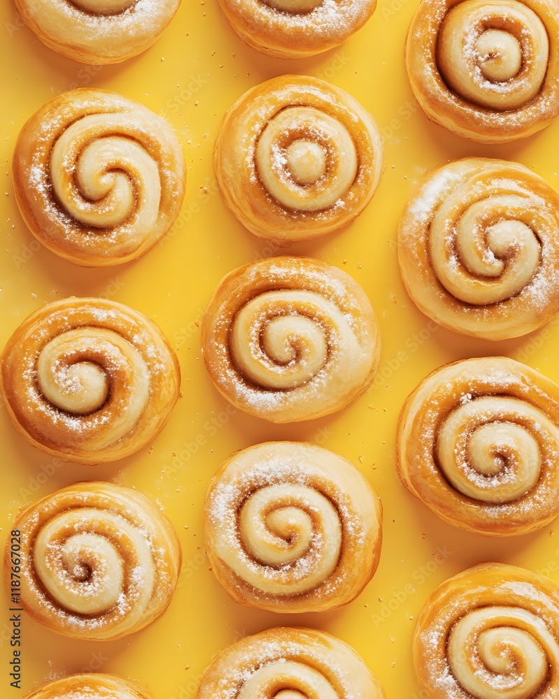 Fototapeta premium Overhead View of Twelve Cinnamon Rolls on Yellow Background