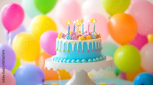 Colorful birthday party balloons and cake with candles on celebration table photo