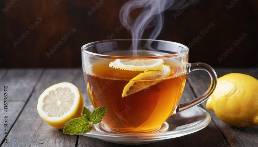 Steaming mug of herbal tea with a lemon slice and soft steam
Steaming mug of herbal tea with a lemon slice and soft steam