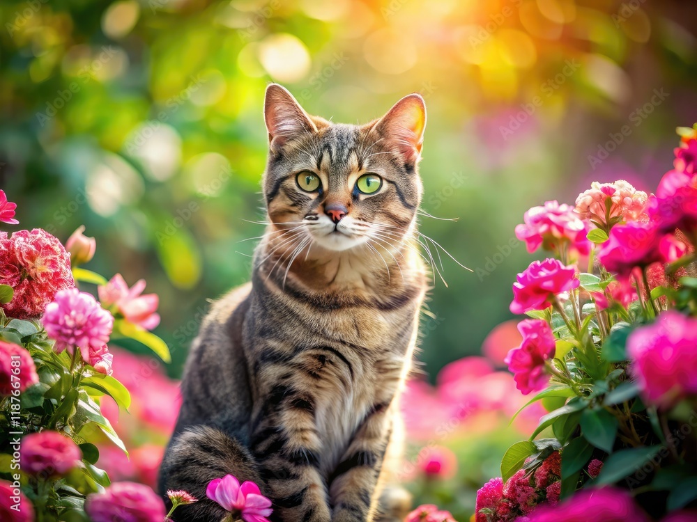 Pink Flowers, Serene Garden, Cat, High Depth of Field Pink Flowers, Serene Garden, Cat, High Depth of Field