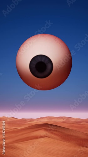 Desert Landscape Against Cloudy Sky With Floating Eyeballs