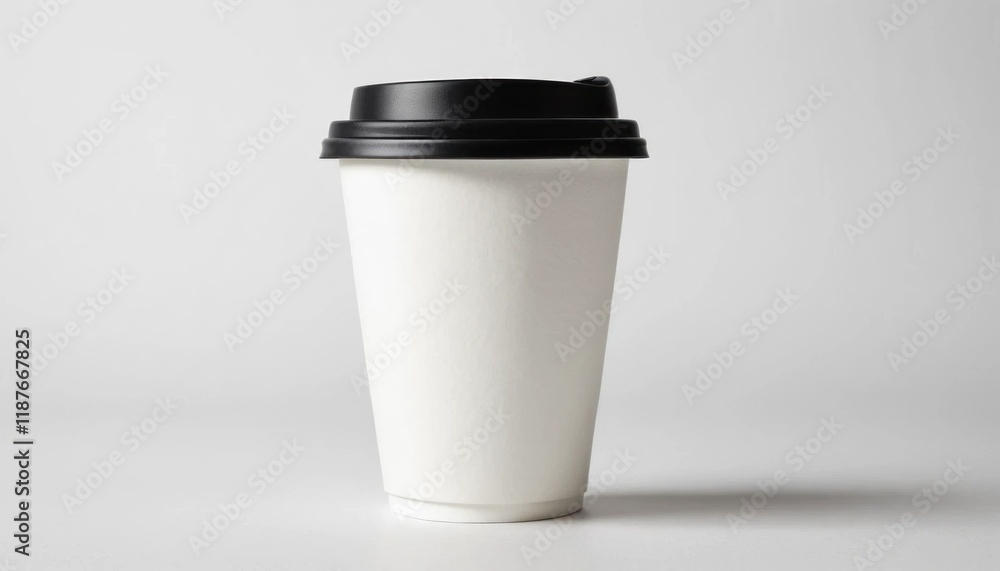 paper cup, black lid, minimalist white background paper cup, black lid, minimalist white background