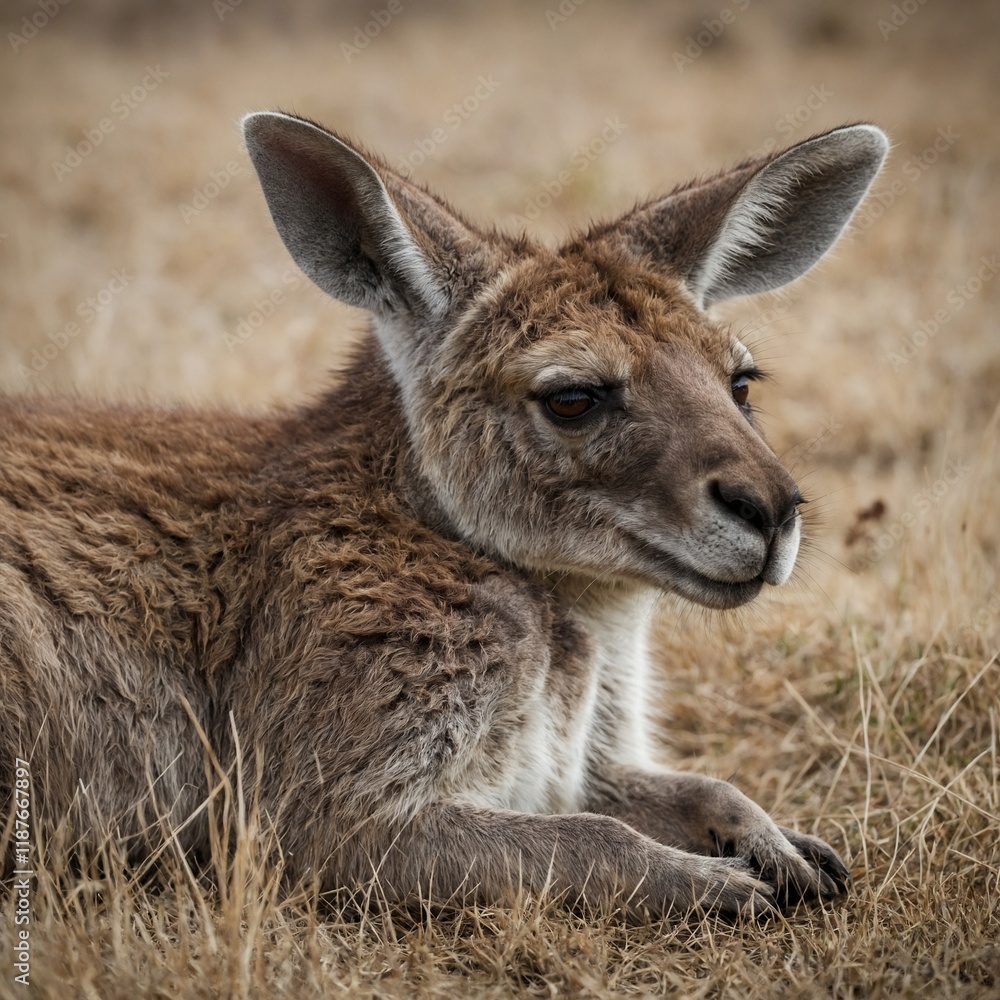 Fototapeta premium A kangaroo lying down resting, with a soft expression on a white background.