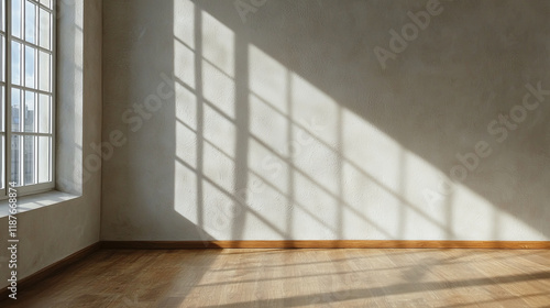 clean and smooth stucco wall with fine grain texture, illuminated by sunlight casting shadows from window. warm wooden floor adds cozy touch to serene space