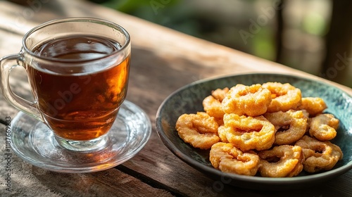 Crispy fried squid rings and tea on rustic wood. photo