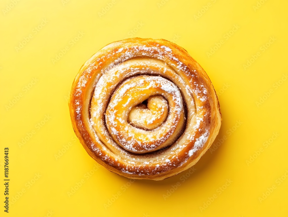 Fototapeta premium Powdered Sugar Cinnamon Roll on Yellow Background