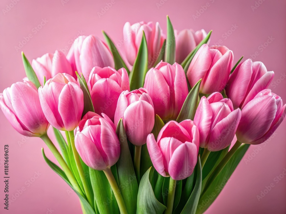 Fototapeta premium Pink Tulips Bouquet Spring Fashion Photography, Pink Background, Floral Still Life