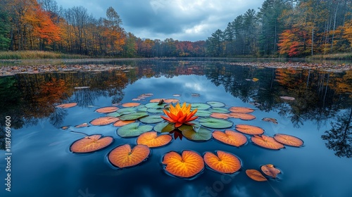 Tranquil autumn lake with vibrant orange lotus surrounded by colorful foliage