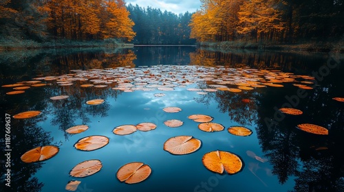 Tranquil autumn lake scene with orange leaves and reflection of forest trees