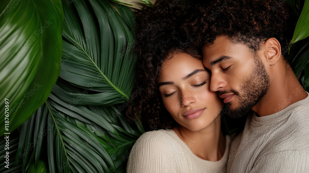 Fototapeta premium couple sharing moment of tenderness surrounded by lush greenery