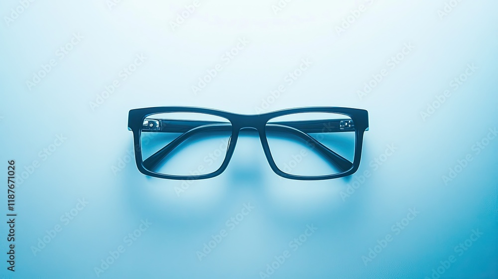 Top view of stylish black rectangular eyeglasses on a light blue background.