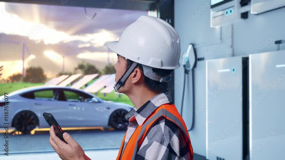 Close Up Side View Of Asian Male Engineer With Safety Helmet Using Smartphone And Looking Around While Standing With Home Energy Storage System In a Modern Garage Close Up Side View Of Asian Male Engineer With Safety Helmet Using Smartphone And Looking Around While Standing With Home Energy Storage System In a Modern Garage